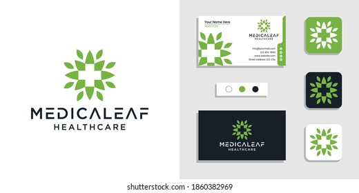 Nature leaf with plus sign medical healthcare logo icon and business card design template