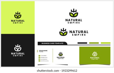 hoja de naturaleza con el concepto de logotipo de icono de escudo y corona y plantilla de tarjeta de visita