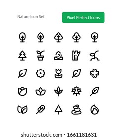 Nature leaf tree jungle seed grow icon set vector isolated in outline stroke style pixel perfect icon set