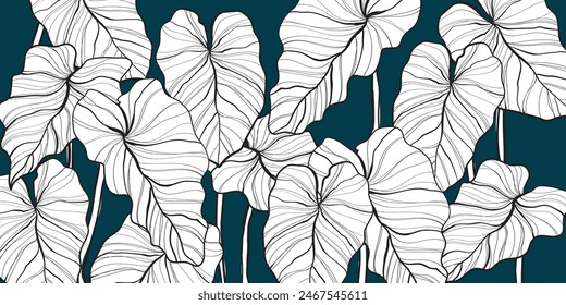 Nature leaves line art background patern vector. Floral pattern,  leaf Philodendron plant with monstera plant line arts, Vector illustration.