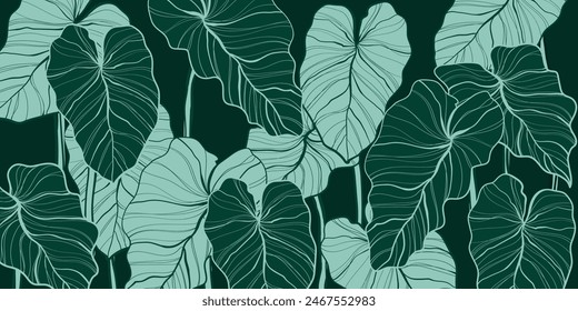 Nature leaves line art background patern vector. Floral pattern,  leaf Philodendron plant with monstera plant line arts, Vector illustration.