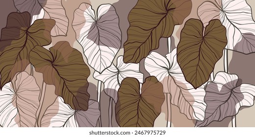 Nature leaves line art background patern vector. Floral pattern,  leaf Philodendron plant with monstera plant line arts, Vector illustration.