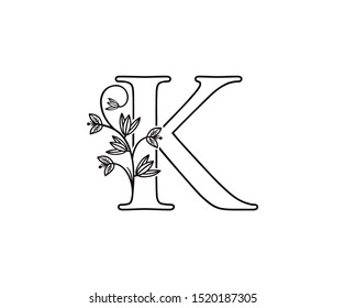 Nature letter K leaf icon logo design concept, floral logo K icon design. hand drawn floral with letter.