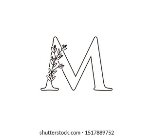 Nature letter M leaf icon logo design concept, floral logo I icon design. hand drawn floral with letter.