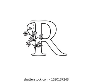 Nature letter R leaf icon logo design concept, floral logo R icon design. hand drawn floral with letter.