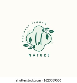 Nature Letter  U logo. Green  vector logo  design  botanical floral leaf with initial letter logo icon for nature business.