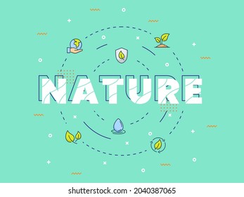 Nature lettering around set icons package green isolated background with modern flat color cartoon style