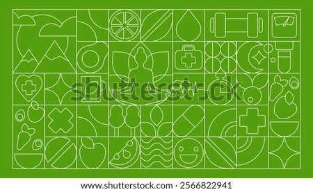 Nature Line Art Pattern, modern mosaic. White Lines with Symbols of Health and Active lifestyle