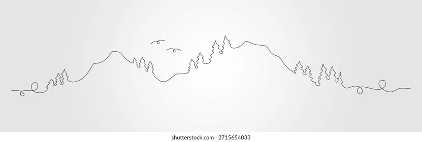 Símbolo del Vector del arte de la línea de la naturaleza con el estilo continuo del dibujo de la línea, diseño abstracto de la línea de la montaña y del árbol.
