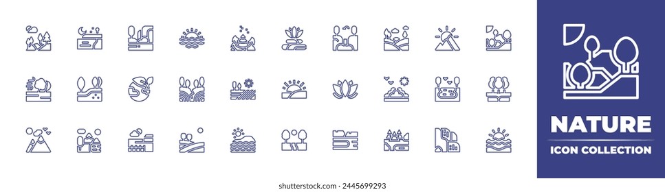 colección de iconos de línea de Naturaleza. Trazo editable. Ilustración vectorial. Contiene loto, tierra, campo, naturaleza, lago, bosque, país, desastre, tormenta de viento, sol naciente, montaña, mar, suelo.