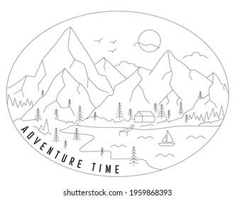 Nature line icon landscapes with mountains, fields, river and trees. Adventure time. Motivational and inspirational typography poster with quote. Vector illustration