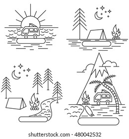 Nature line icon landscapes with mountains, fields and river, surfing camps and sunrise.