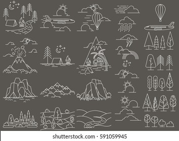 Nature line icon landscapes with mountains, fields and river, volcano and hiking camps. Also aircraft and ballooning in sky. Vector illustration