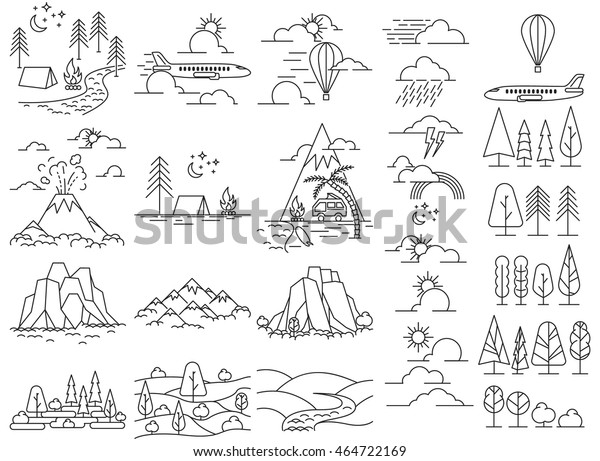 山 野原 川 火山 ハイキングキャンプを含む自然の線のアイコン風景 空に飛行機や気球も ベクターイラスト のベクター画像素材 ロイヤリティフリー