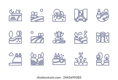 Nature line icon set. Editable stroke. Vector illustration. Containing landscape, field, environment, sprout, trees, beach, snow, river, disaster, waterfall, cliff, meditation, sinking, soil.