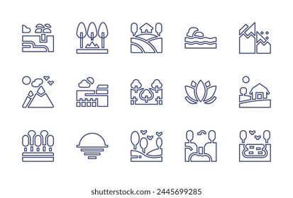 Nature line icon set. Editable stroke. Vector illustration. Containing lotus, house, dead sea, lake, waterfall, forest, beach, trees, country, landslide, fire, sunset, mountain, farm.