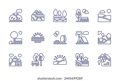 Nature line icon set. Editable stroke. Vector illustration. Containing park, rest area, hills, nature, camping tent, bush, lake, mountain, sunset, hill, rising sun.
