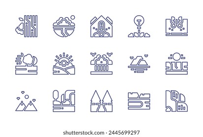 Nature line icon set. Editable stroke. Vector illustration. Containing sunrise, earth, natural gum, nature, waterfall, lake, falling debris, windstorm, drought, island.