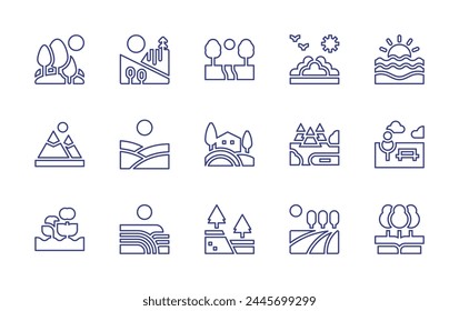 Conjunto de iconos de línea de Naturaleza. Trazo editable. Ilustración vectorial. Con paisaje, naturaleza, falla, campos, agricultura, parque, bosque, montañas, ciencia, campo, Toscana, mar.