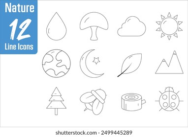 Nature Line icon set, water drop, mushroom, sun, earth, moon, leaf, mountain, tree, bee, fly, wooden log, ladybug