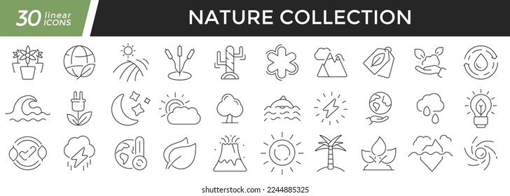 Nature linear icons set. Collection of 30 icons in black