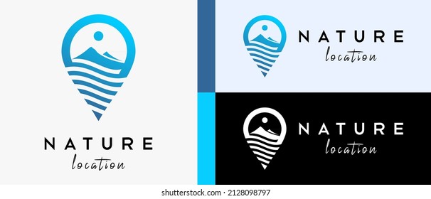 nature location logo design template with mountain creative wave concept in pin icon. map or location icon vector illustration, premium vector