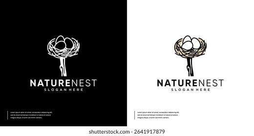 Nature logo with bird nest and egg concept, vector graphic illustration.