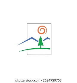 Nature logo with blue mountains, green tree, and orange sun, nature landscape design