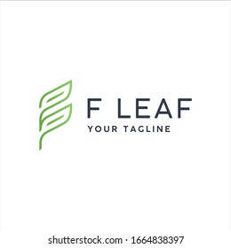 Nature Logo Design for Green Leaf with Line Letter F or Two Line Leaf form a Letter