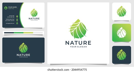 nature logo design template. creative nature leaves with drop oil concept and business card design.