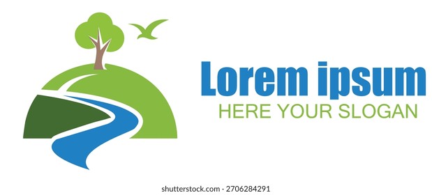 Nature logo design with tree, river, and bird isolated on white background
