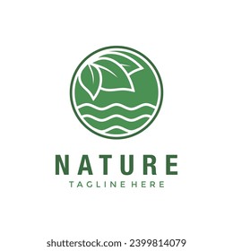 Nature logo design, water river and tree or plant symbol. Nature environment and agriculture vector icon.