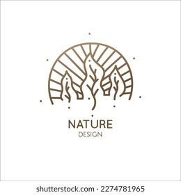 Logo de la naturaleza del bosque, rayos soleados. Icono lineal del paisaje, amanecer. emblema vectorial de los árboles con sol, placa para un viaje, medicina alternativa y concepto de ecología, spa, centro de salud y yoga