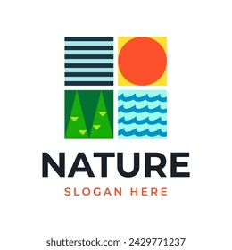 Nature logo. Forest tree river sun design pattern vector illustration