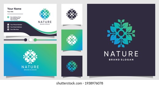 Nature logo with gradient fresh leaf concept and business card design Premium Vector