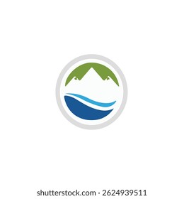Nature logo with green mountains and blue river, circular icon, eco friendly symbol