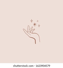 Nature logo of hand and stars, linear icon of arm. Good for fashion theme, nature care, beauty industry, wedding postcards. Vector illustration.