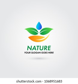 Nature Logo with Leaf, Hand, Water Drop Concept Template