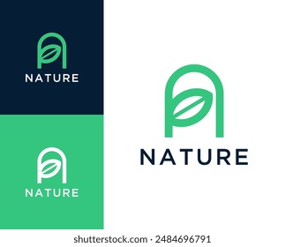 A nature logo. Letter A with leaf element logo design illustration.