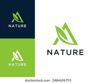 A nature logo. Letter A with leaf element logo design illustration.
