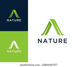 A nature logo. Letter A with leaf element logo design illustration.