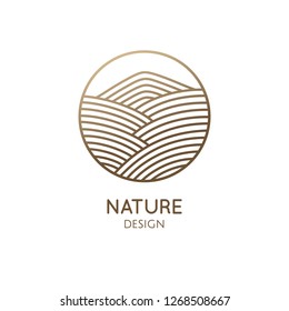 Nature Logo Of Mountain, Fields. Round Linear Icon Of Landscape. Vector Emblem, Badge For A Travel, Alternative Medicine And Ecology Concept, Spa, Health, Yoga Center. Japanese Illustration