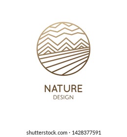 Nature logo of mountain, fields. Round linear icon of landscape. Vector emblem, badge for a travel, alternative medicine and ecology concept, spa, health, yoga Center. Japanese illustration