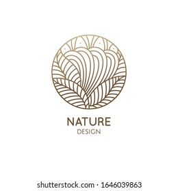 Nature logo of mountain, fields. Round linear icon of landscape. Vector emblem, badge for a travel, alternative medicine and ecology concept, spa, health, yoga Center. Japanese illustration