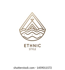 Nature logo of mountain, river with waves. Geometric linear drop icon of landscape. Vector abstract sacred emblem, badge for a travel, hiking, alternative medicine, ecology concept, spa, health, yoga