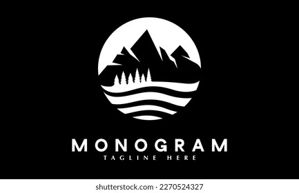 Montaña y árbol del logotipo de la naturaleza con modelo de vector monograma abstracto de la tierra del río