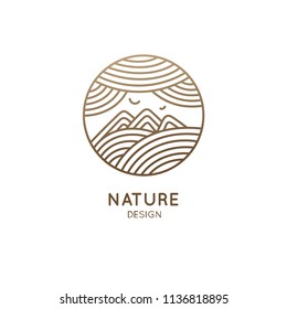 Nature logo of mountains, clouds, fields. Round linear icon of landscape. Vector emblem, badge for a travel, alternative medicine and ecology concept, spa, health, yoga Center. Japanese illustration