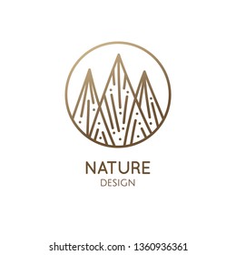 Nature logo of mountains, clouds, rain. Geometric round linear icon of landscape. Vector abstract emblem, badge for a travel, alternative medicine and ecology concept, spa, health, yoga Center.