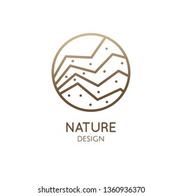 Nature logo of mountains, clouds, rain. Geometric round linear icon of landscape. Vector abstract emblem, badge for a travel, alternative medicine and ecology concept, spa, health, yoga Center.