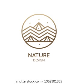 Nature logo of mountains, clouds, rain. Geometric round linear icon of landscape. Vector abstract emblem, badge for a travel, hiking, alternative medicine and ecology concept, spa, health, yoga Center